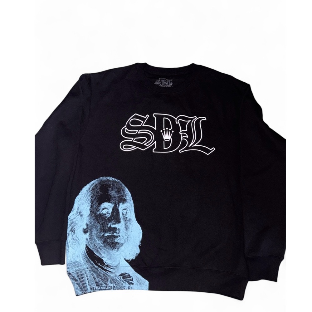 Black Crewneck Sweater with Blue Graphic and Gothic Text